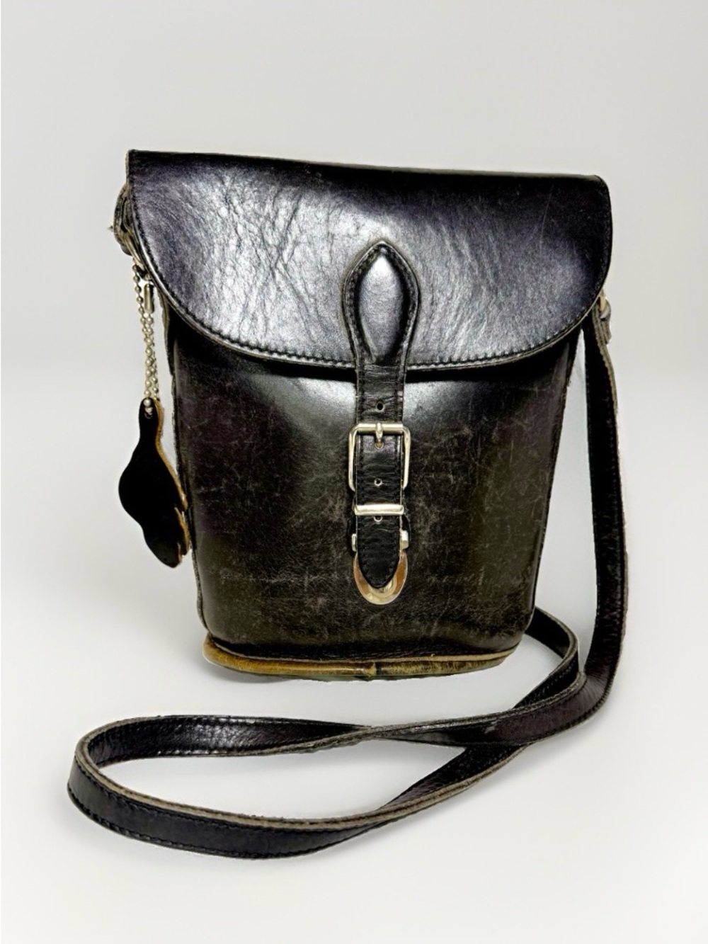 Genuine Roots Leather Vintage Crossbody Bag with Buckle Detail in Black